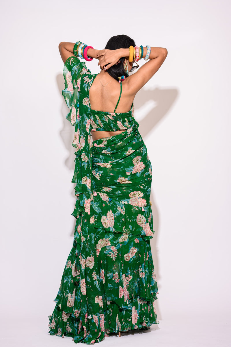 Printed Green Draped Saree