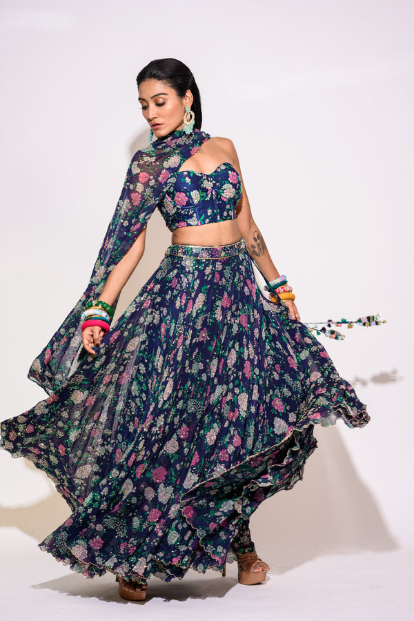 Blue Lehenga with Corset Blouse