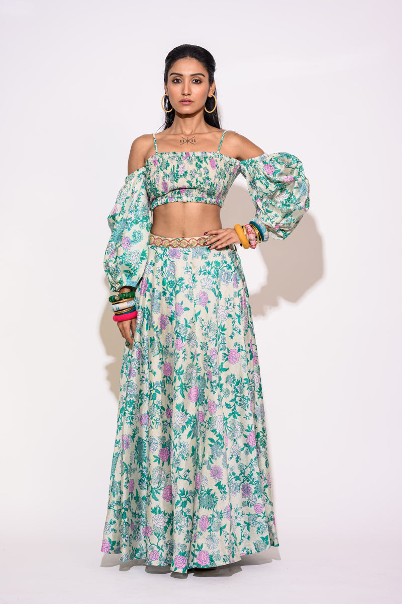 Light Green Cold Shoulder Blouse, Skirt Set