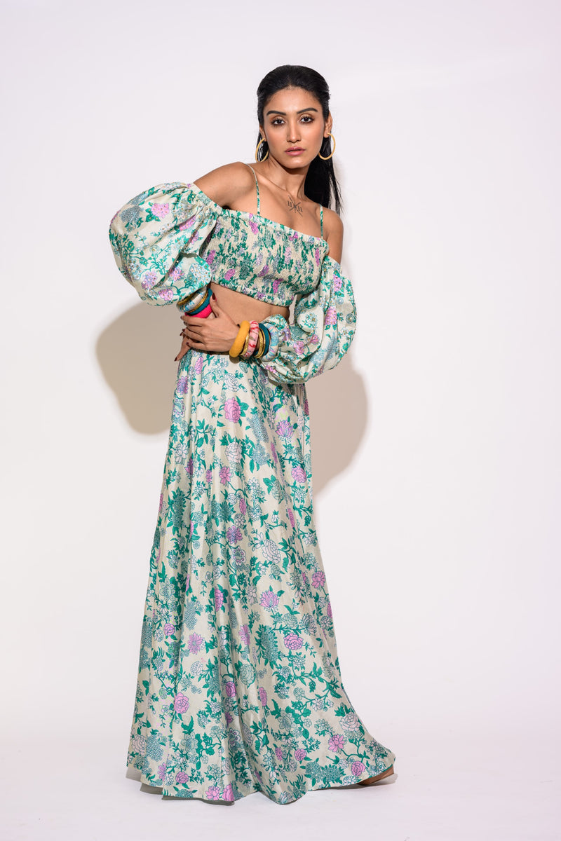 Light Green Cold Shoulder Blouse, Skirt Set