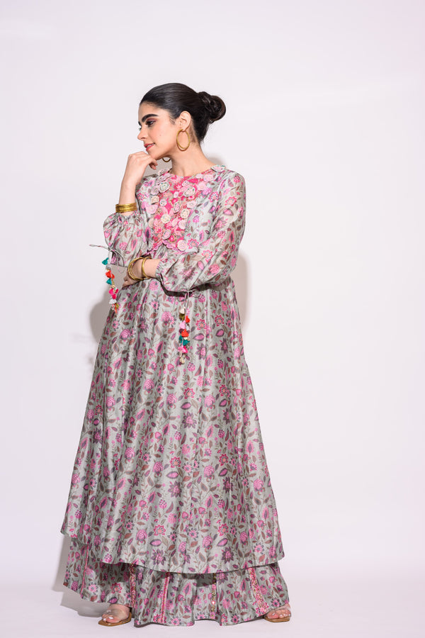 Printed Dark Grey Silk Kurti