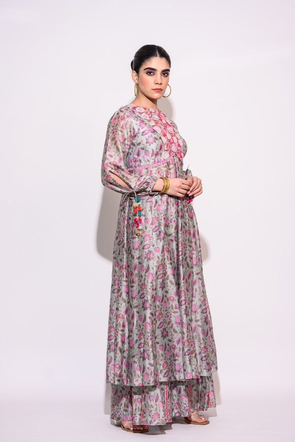 Printed Dark Grey Silk Kurti