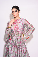 Printed Dark Grey Silk Kurti