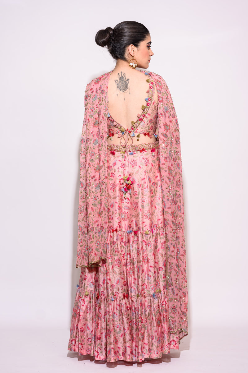 Printed Pink Lehenga with Chiffon dupatta
