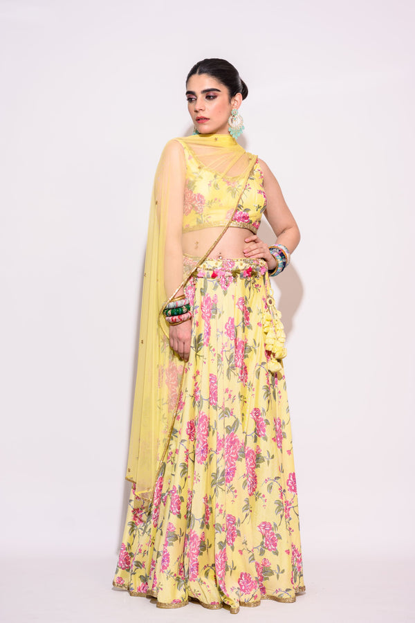 Yellow Printed Lehenga with Net dupatta