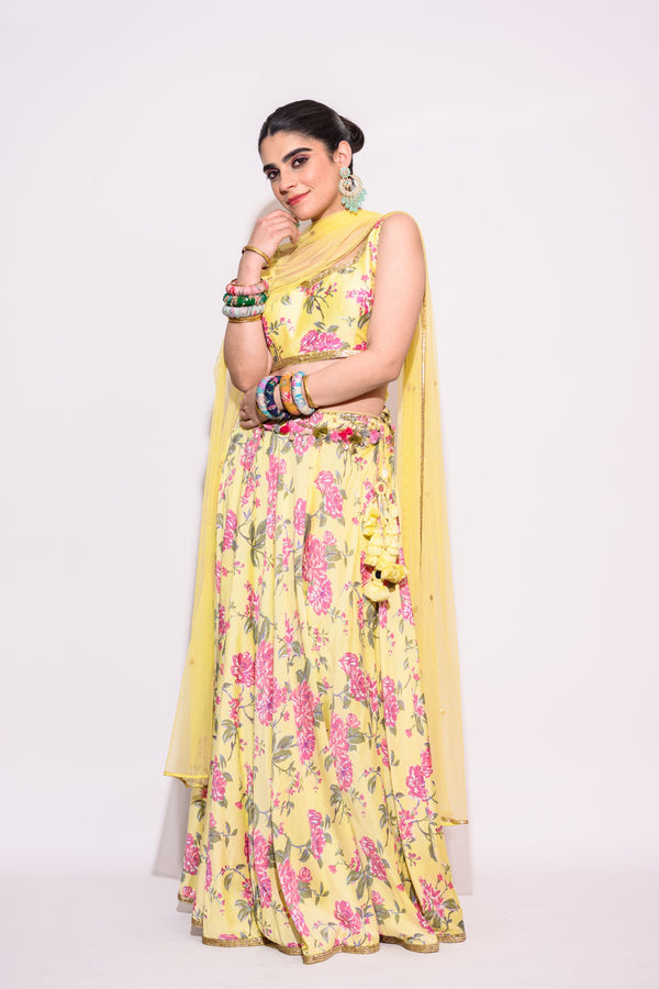Yellow Printed Lehenga with Net dupatta
