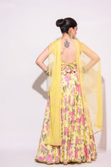 Yellow Printed Lehenga with Net dupatta